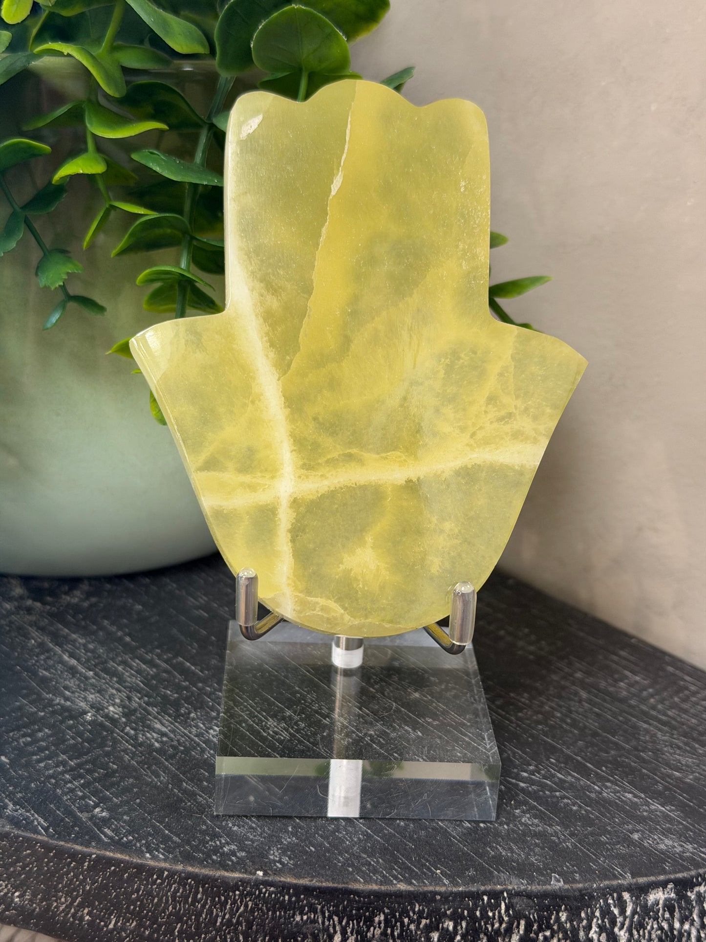 Lemon Calcite Hamsa on Stand