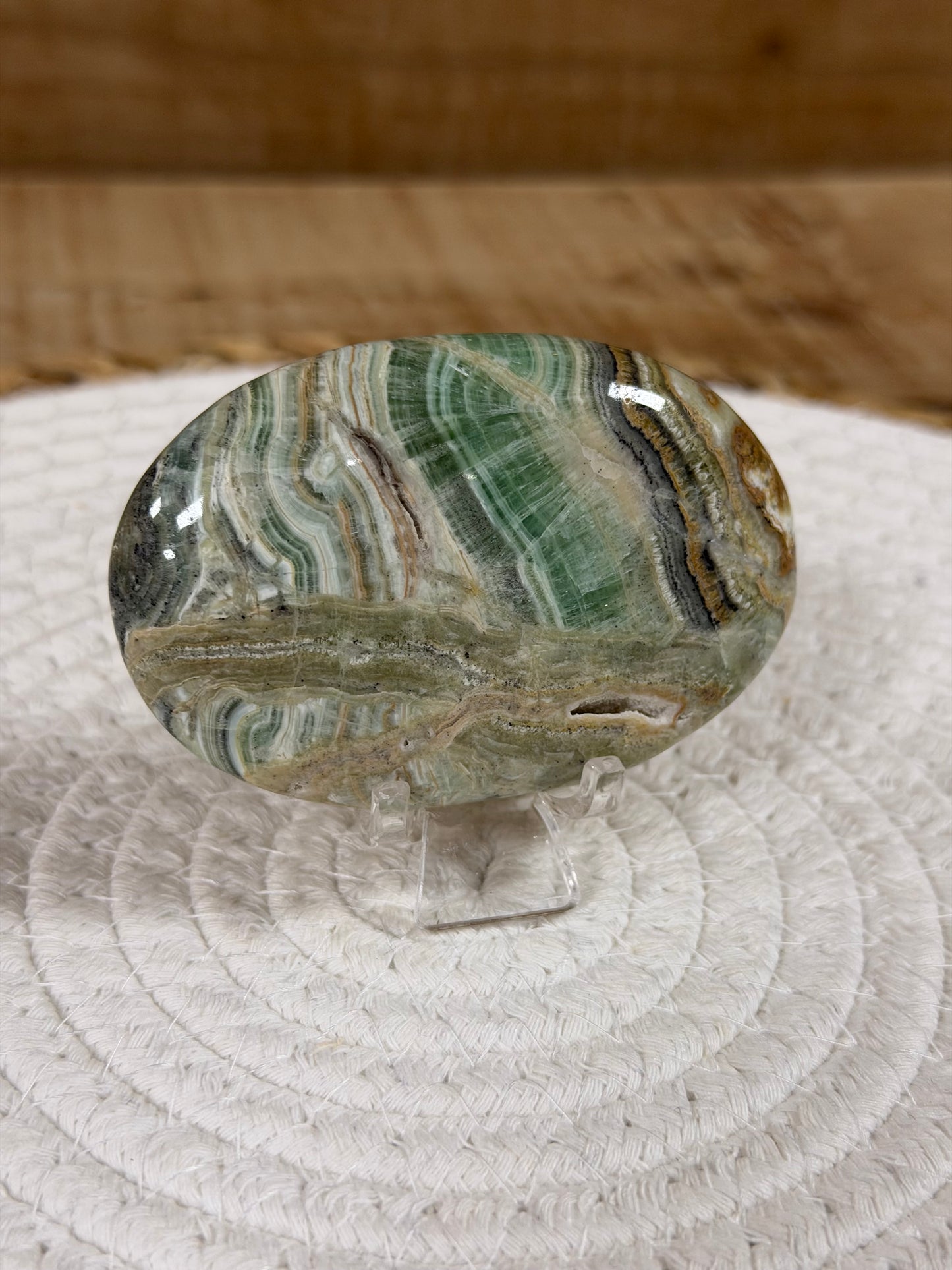Kiwi Calcite Palm Stone with Stand